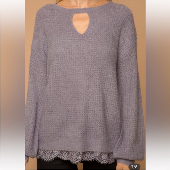 NWT Hem & Thread Waffle Knit Sweater Lace Trim Bottom Beautiful Lilac Color - Picture 4 of 16